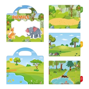 Detail showing animal theme sticker book set with handle and diverse scene cards
