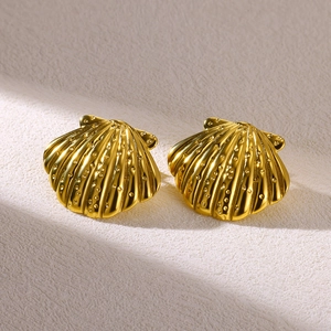 Fashionable 18K gold plated titanium steel shell earrings with geometric texture