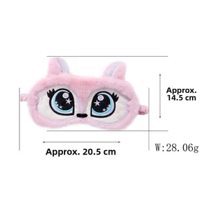 Detailed view of pink plush cartoon eye mask with embroidery and size measurements