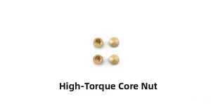 Detailed close-up of four brass high torque movement nuts with knurled grip edges