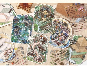 Detailed interior architecture and garden scenery 2.5D stickers for DIY scrapbooking