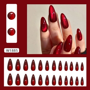 Elegant deep red cat eye almond press-on nails 24pcs set with shimmering finish