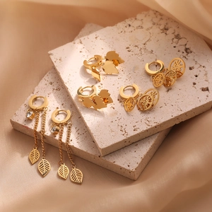 Leaf Pendant Earrings Gold Plated Titanium Steel Tree Of Life Design Elegant Fashion Jewelry For Women