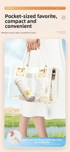 Mini UPF 50+ capsule umbrella shown in a transparent bag with a scenic outdoor background