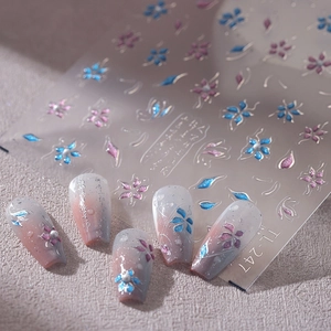 Adesivi per unghie 3D con goffratura argento e motivi floreali blu per la manicure