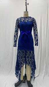 Detailed lace texture and satin bow on this high-neck asymmetrical royal blue dress