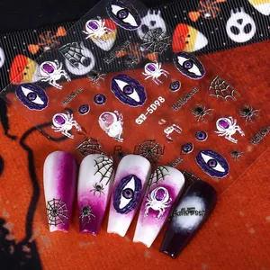 Detailed 5D embossed Halloween nail art stickers with purple eyeball and spider designs