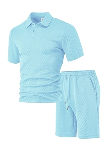 Macro shot of light blue polo set with detailed diamond textured jacquard fabric