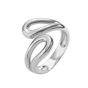 Detailed view of silver fluid line ring with irregular wave design and polished finish