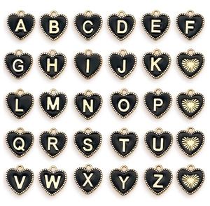 Detailed set of 26 black enamel heart charms with gold A-Z letters and textured back