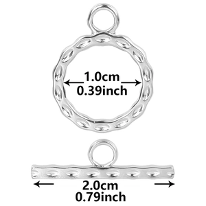 Detailed view of silver stainless steel toggle clasp set with hammered texture and dimensions
