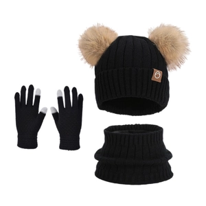 Black knit hat scarf and touchscreen gloves set with dual camel faux fur pom poms