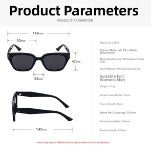 Detailed size chart for black polarized sunglasses with frame dimensions and 27.3g weight