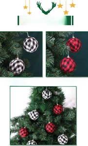 Close-up details of black and white buffalo plaid Christmas ball ornaments on a tree