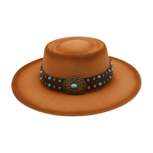 Detail of caramel wool felt hat featuring turquoise stones and leather hatband decor