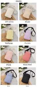 Detailed grid showing 8 colors of nylon crossbody phone bags with adjustable straps