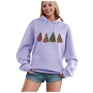 Women's lavender fleece hoodie with Christmas tree graphics and a kangaroo pocket