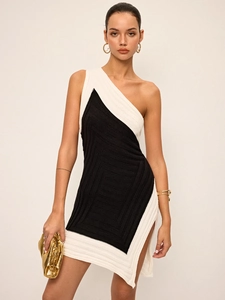Robe Courte En Tricot À Une Épaule Noir Et Blanc Color Block Moulante Sexy Tenue De Club Été Pour Femmes
