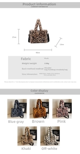 Detailed view of plush leopard tote bag dimensions and multi-color options available