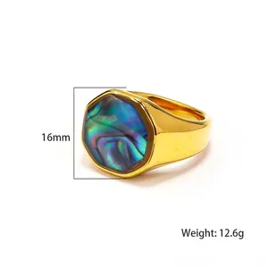 Polished gold octagon ring with iridescent abalone shell inlay for men and women