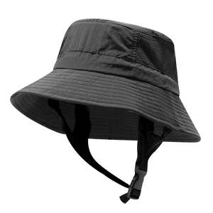 Foldable black wide brim sun hat with breathable mesh and adjustable chin strap