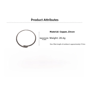 Detail view of rhombic zircon collar necklace with dimensions and material specifications