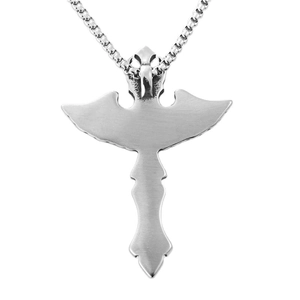 Punk style stainless steel cross sword pendant with box chain for men on white background