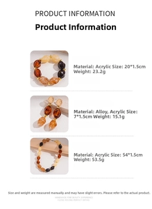 Detail specifications of acrylic amber jewelry set including necklace, bracelet and earrings