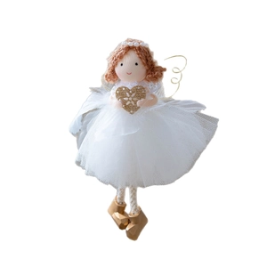 Christmas tree hanging angel girl doll with white mesh dress and gold glitter wings