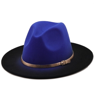 Blue and black gradient wool fedora hat with a golden belt buckle and wide brim