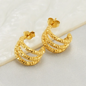 Boucles D'oreilles Créoles Triple Couche Plaqué Or 18K Acier Inoxydable Texture Martelée Géométrique Forme C Bijoux Élégants