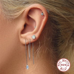 S925 sterling silver octagon opal earrings set worn by model for minimalist ear styling