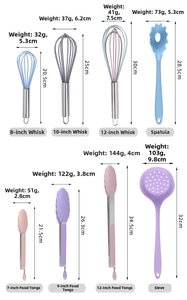 Size chart for silicone kitchen tools showing weights and dimensions of whisk and tongs