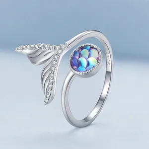 Elegant S925 sterling silver mermaid tail open ring with sparkling cubic zirconia stones