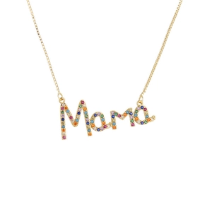 Collana placcata oro 18k con ciondolo MAMA e pietre di zirconia multicolore
