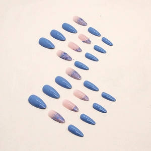 Blue glitter almond fake nails set with solid sky blue and gradient sequin designs