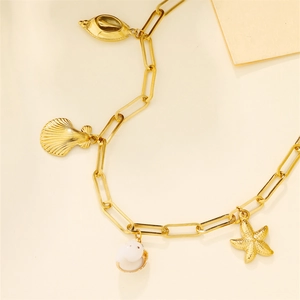 18K gold plated stainless steel necklace with starfish and seashell charms on paperclip chain
