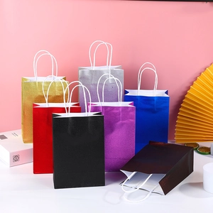 Gift Paper Bags With Handles Colorful Glossy Glitter White Kraft Portable Shopping Packaging For Wedding Party Festival