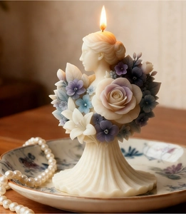 Vista de detalle de vela de diosa encendida con grabados florales en 3D y rosas de cera