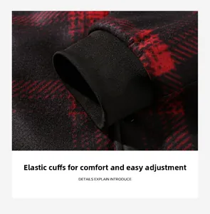 Detailed close-up of elastic ribbed cuffs on a red and black plaid outdoor jacket