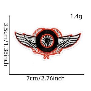 Detail view of wing-shaped racing embroidery patch with 7cm x 3.5cm dimensions and size labels
