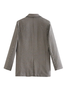 Slim fit double-breasted plaid blazer for women featuring houndstooth pattern and back view