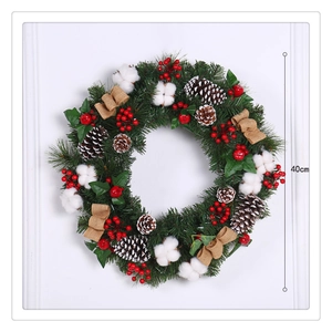 40cm Christmas wreath with green pine needles, red berries, cotton, and burlap bow