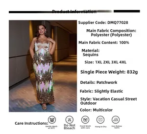 Detail of elegant plus size sequined V-neck evening gown with thin shoulder straps