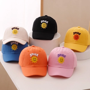Kids baseball caps with smile embroidery in beige, black, yellow, blue, orange and pink