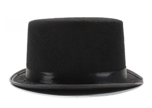 Detailed view of a classic black felt top hat with a matching satin ribbon decoration