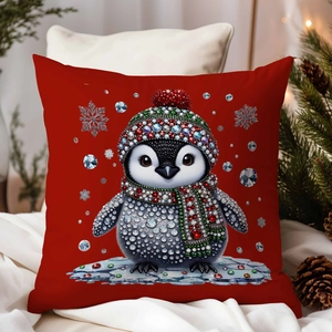 Red Christmas pillow cover with cute 3D diamond penguin pattern on festive bedding