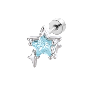 Star-shaped silver screw back earring with a light blue zircon center on a white background