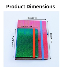 Detailed size comparison of iridescent laser notebooks with elastic bands and dimensions