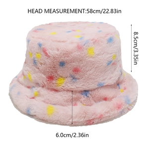 Size chart for pink faux rabbit fur bucket hat with colorful dots showing 58cm circumference